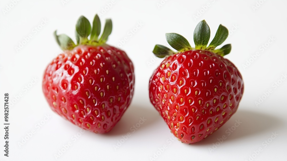 Freshly picked strawberries displayed on a clean white surface, showcasing their vibrant red color and green leaves in natural light Freshly picked strawberries displayed on a clean white surface, showcasing their vibrant red color and green leaves in natural light