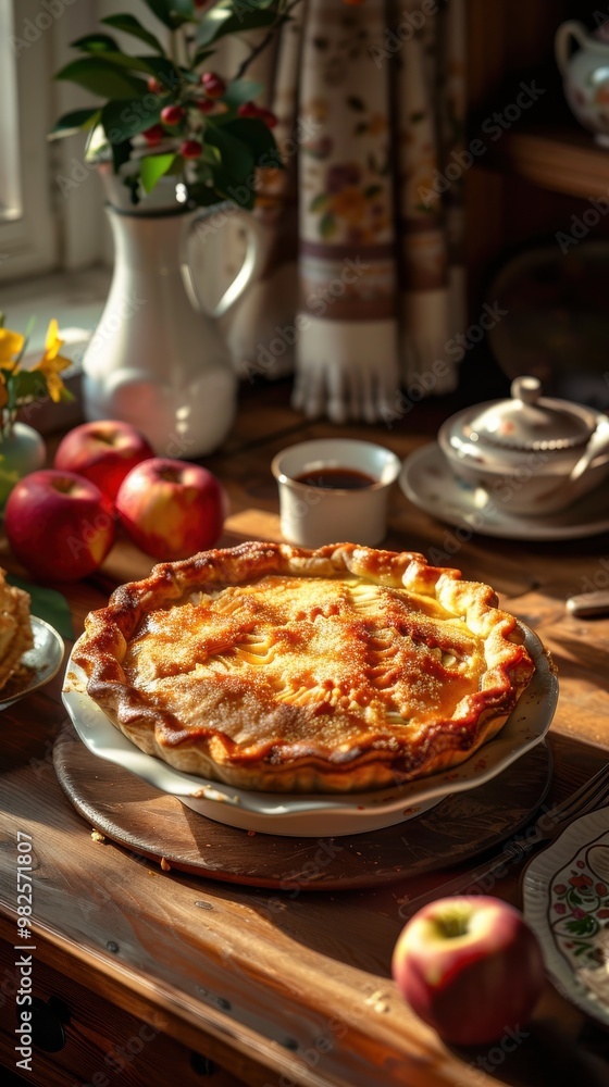 Freshly baked apple pie on a rustic wooden table with apples, a teapot, and a vase of flowers in a cozy kitchen setting. Freshly baked apple pie on a rustic wooden table with apples, a teapot, and a vase of flowers in a cozy kitchen setting.