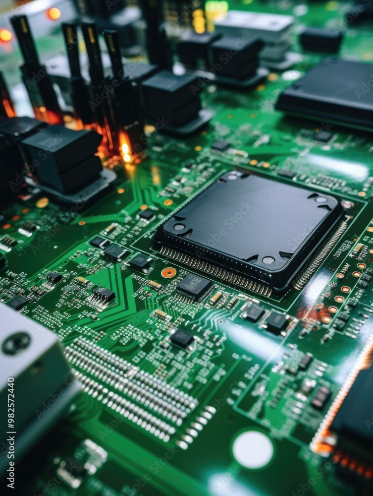 A green electronic board with a black chip on it. The board is made of metal and has a lot of wires and components. The chip is a small part of the board A green electronic board with a black chip on it. The board is made of metal and has a lot of wires and components. The chip is a small part of the board