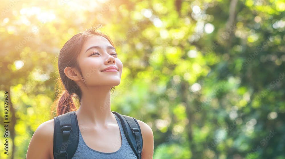 Close-Up of a Young Asian Woman Enjoying Outdoor Exercise in a Park, Eyes Closed and Face Turned Toward the Sky, Surrounded by Lush Green Trees on a Sunny Day. Embracing Wellness, Nature, and Fitness Close-Up of a Young Asian Woman Enjoying Outdoor Exercise in a Park, Eyes Closed and Face Turned Toward the Sky, Surrounded by Lush Green Trees on a Sunny Day. Embracing Wellness, Nature, and Fitness