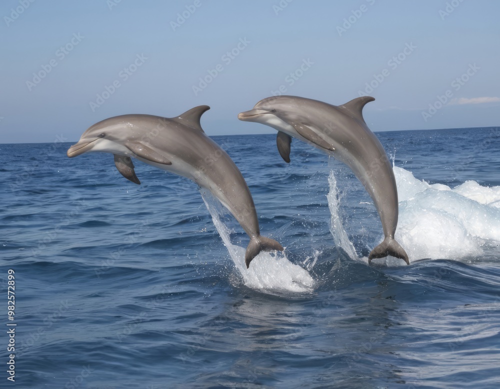 Fototapeta premium Two dolphins leaping over ocean waves