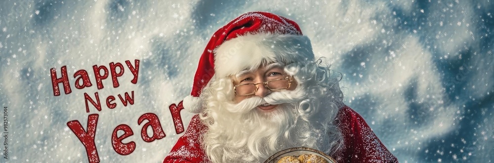 Jolly Santa Claus holding a plate of cookies in a snowy winter scene, celebrating the joy of the New Year with cheer. Jolly Santa Claus holding a plate of cookies in a snowy winter scene, celebrating the joy of the New Year with cheer.