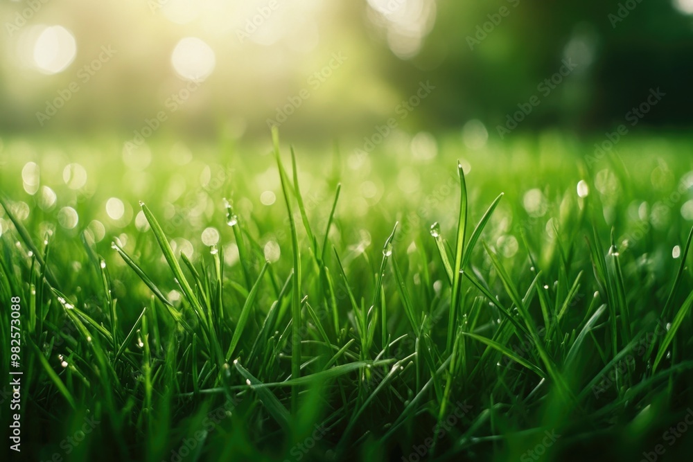 A lush green field with dew drops on the grass. The grass is very green and the dew drops add a sense of freshness and tranquility to the scene A lush green field with dew drops on the grass. The grass is very green and the dew drops add a sense of freshness and tranquility to the scene