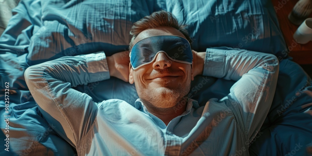 Fototapeta premium A man is laying in bed with a blue eye mask on his face. He is smiling and he is relaxed