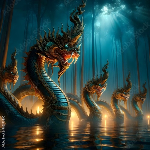 The Nagas are playing in the water in the Himmapan forest late at night. photo