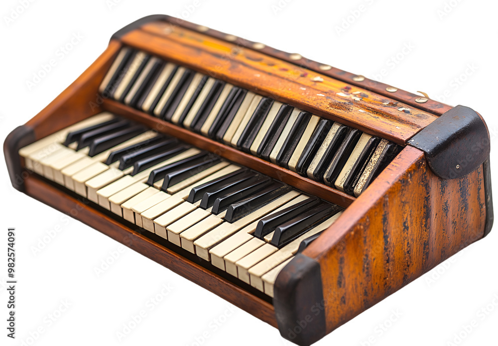 a small wooden organ with black and white keys a small wooden organ with black and white keys
