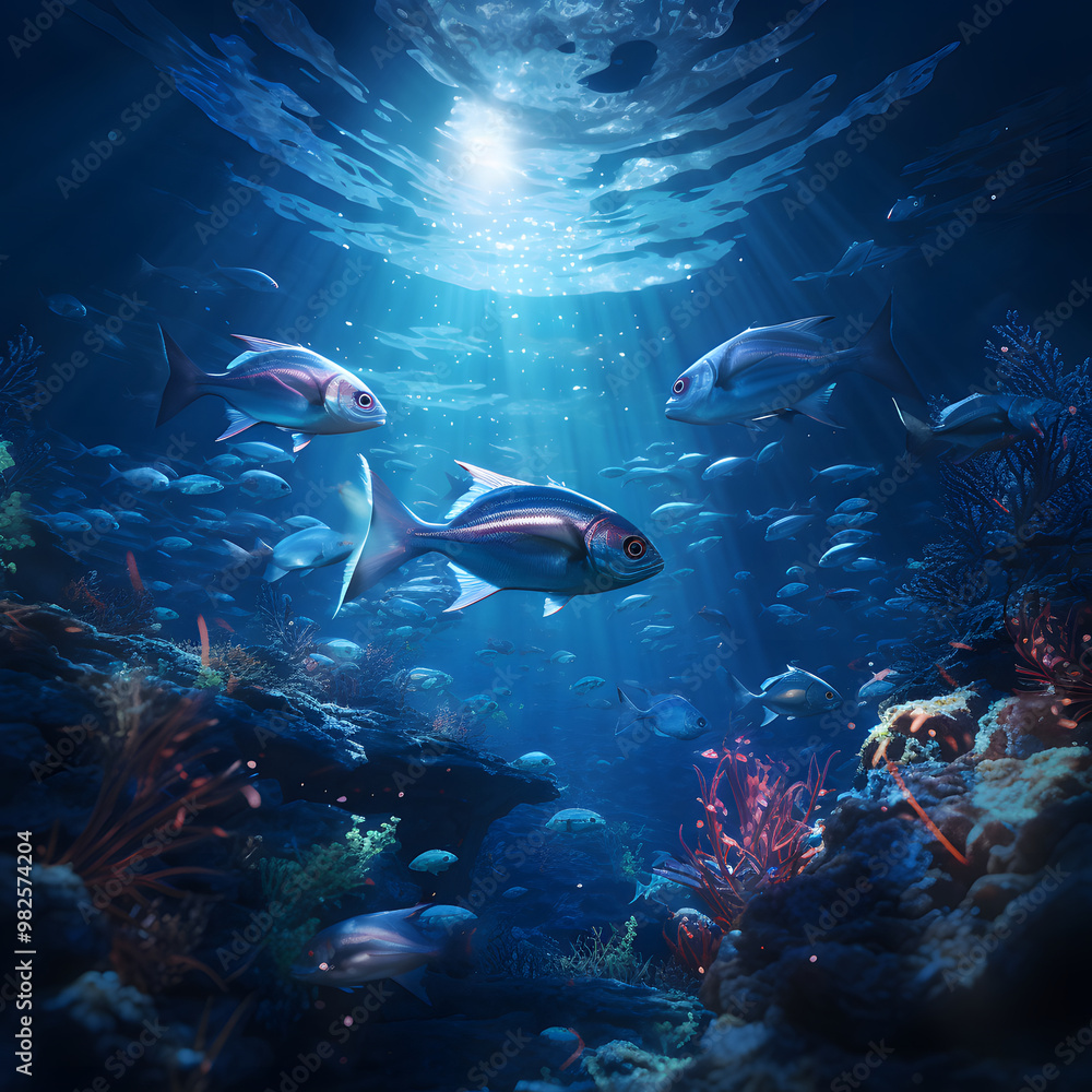 Fototapeta premium Beneath the ocean surface, colorful fish swim gracefully among vibrant coral reefs, illuminated by soft, shimmering light.