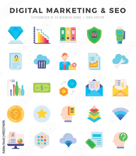 DIGITAL MARKETING & SEO Flat icons collection. 25 icon set. Vector illustration.