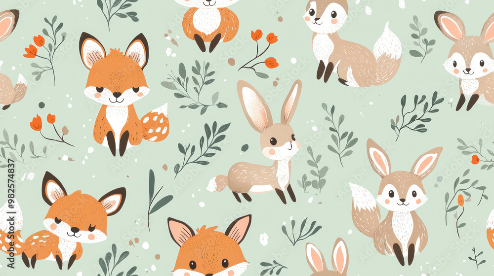 This delightful pattern showcases cute woodland creatures, including a fox, deer, and rabbits, surrounded by leaves, perfect for a whimsical design project. This delightful pattern showcases cute woodland creatures, including a fox, deer, and rabbits, surrounded by leaves, perfect for a whimsical design project.