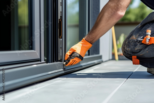 Close-up of a worker installing a sliding glass door with precision using tools and wearing protective gloves