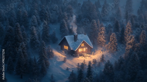 house surrounded by forest winter snow photo