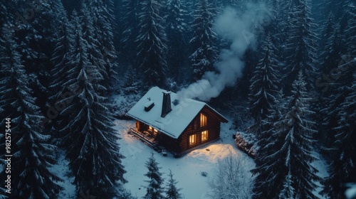 house surrounded by forest winter snow photo