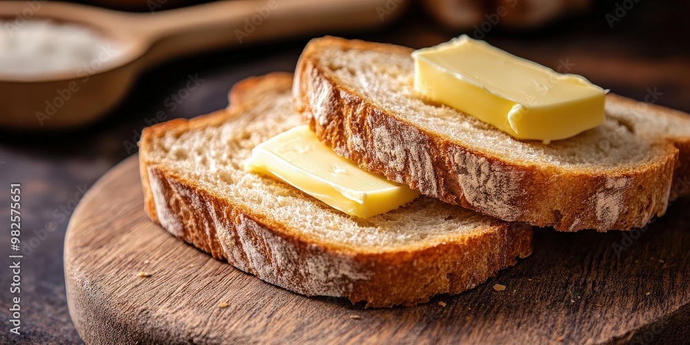 Two slices of bread with a pat of butter on one. Two slices of bread with a pat of butter on one.