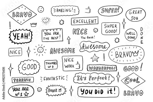 Set of job and great job stickers. School reward, encouragement stamp. Studet icon. Elements of sport, business and school. First place, victory, achievment, award, winner. Doodle style