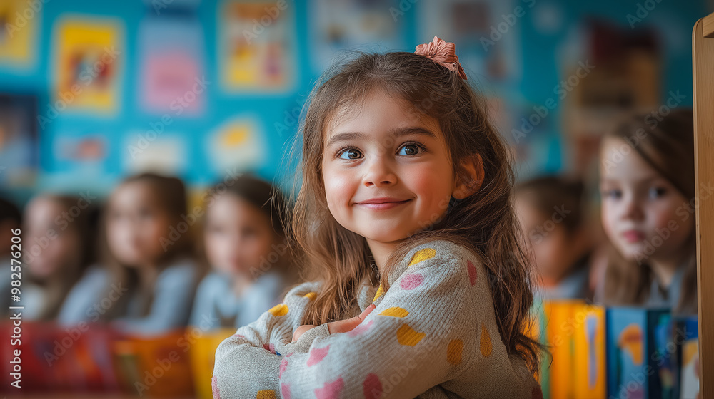 A young girl is sitting in a classroom with other children. She is smiling and looking at the camera A young girl is sitting in a classroom with other children. She is smiling and looking at the camera