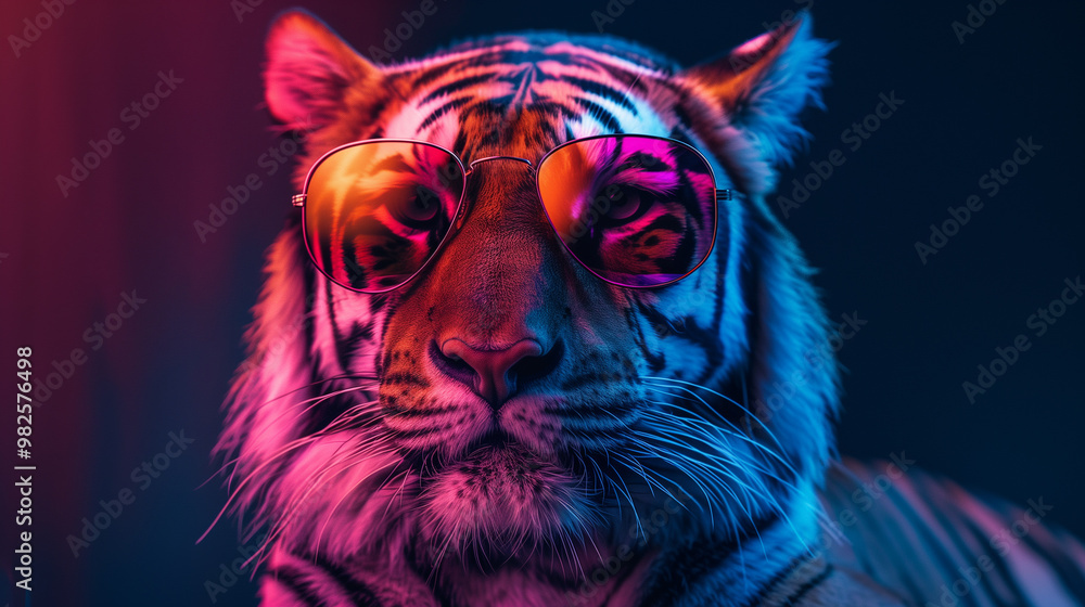 Tiger with sunglasses isolated on a dark neon background Tiger with sunglasses isolated on a dark neon background