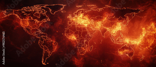 Digital map of the world with hot zones representing climate change impact on different regions photo