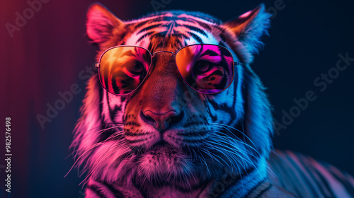 Tiger with sunglasses isolated on a dark neon background