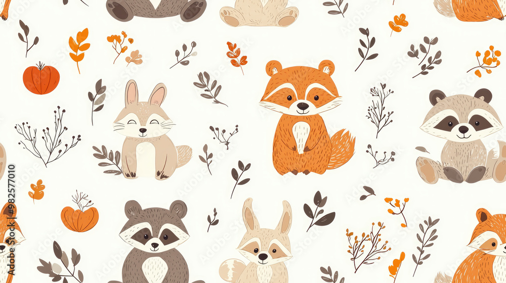 Charming woodland creatures create a joyful vector pattern perfect for autumn-themed designs and projects Charming woodland creatures create a joyful vector pattern perfect for autumn-themed designs and projects