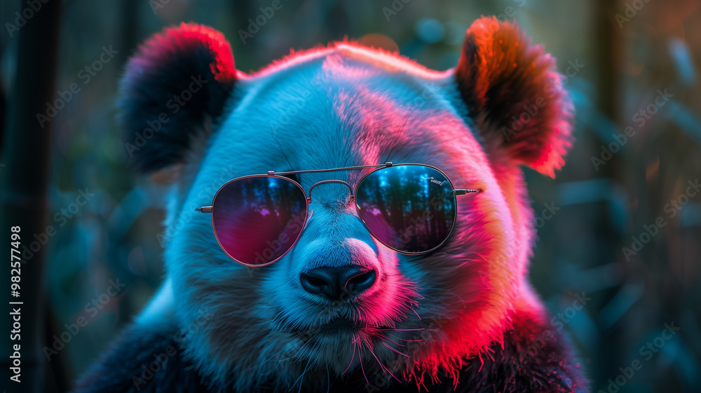 Panda with sunglasses in front of a neon jungle bamboo background Panda with sunglasses in front of a neon jungle bamboo background