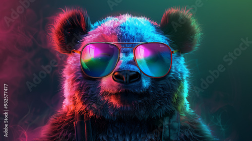 Panda with sunglasses in front of a neon smokey background