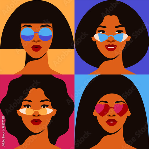 Women Seamless pattern. Girls in sunglasses looks happy. Repeatable background with different female in colorful squares in simple style. Flat vector illustration