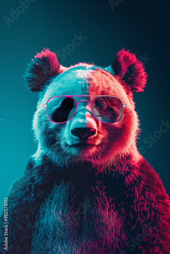 Panda bear with sunglasses isolated on neon background