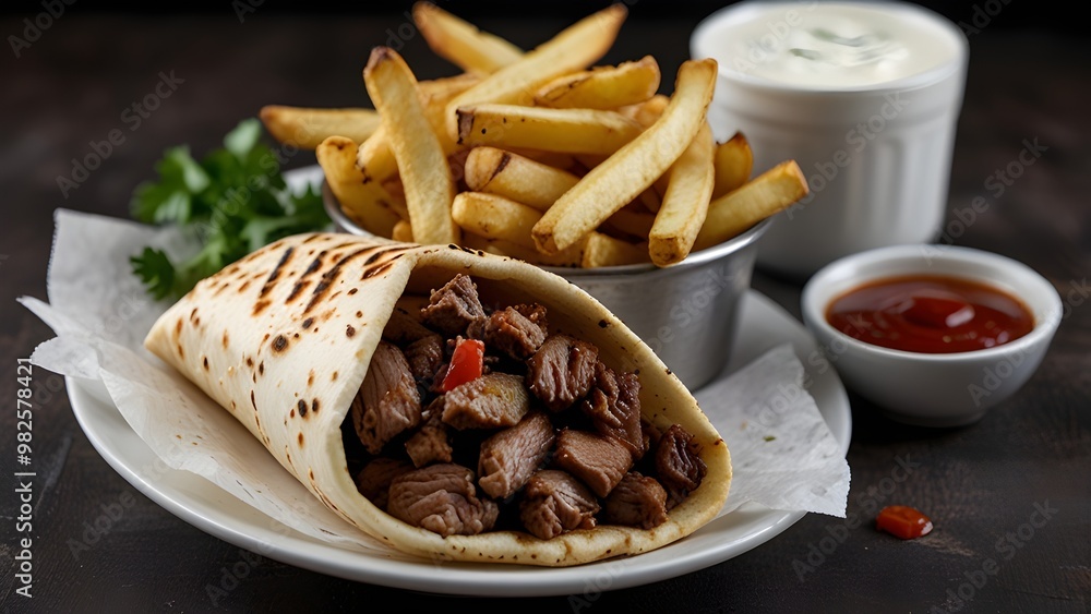The images feature a juicy beef shawarma wrap with grilled vegetables, served with a side of golden, crispy French fries. The meal is plated alongside a small bowl of tomato dip and refreshing yogurt The images feature a juicy beef shawarma wrap with grilled vegetables, served with a side of golden, crispy French fries. The meal is plated alongside a small bowl of tomato dip and refreshing yogurt