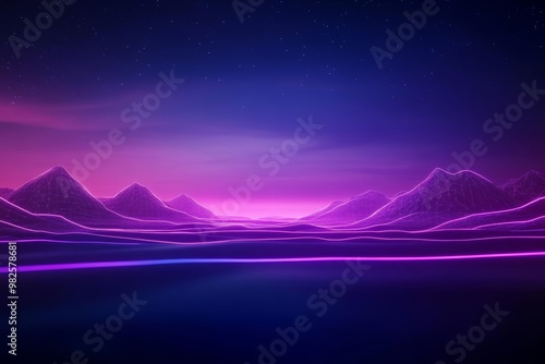 Futuristic desert with neon grid lines and wireframe mountains glowing under a neon purple sky