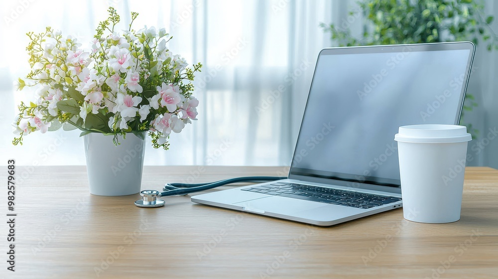 A serene workspace with a laptop, coffee cup, and fresh flowers, ideal for promoting productivity and comfort in a modern environment. A serene workspace with a laptop, coffee cup, and fresh flowers, ideal for promoting productivity and comfort in a modern environment.