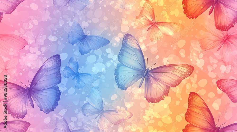 A vibrant vector pattern featuring magical butterflies in a colorful background with soft hues of pink, blue, and orange under a gentle light A vibrant vector pattern featuring magical butterflies in a colorful background with soft hues of pink, blue, and orange under a gentle light