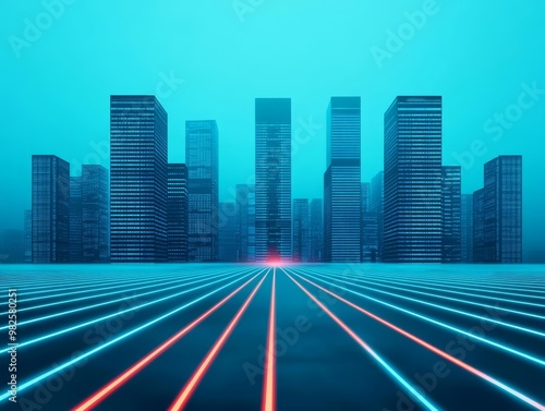 Retrofuturistic cityscape with neonlit grid roads and electric skyscrapers under a cyan sky