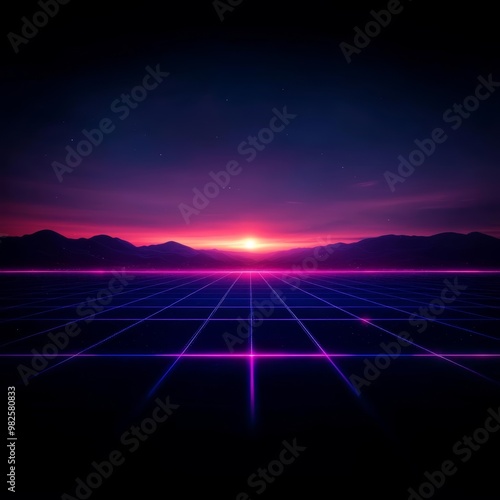 Scifi neon grid desert landscape with electric purple and cyan hues under a digital sunset