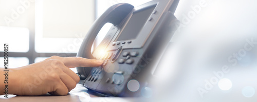 Принти на полотні close up employee call center man hand point to press button number on telephone