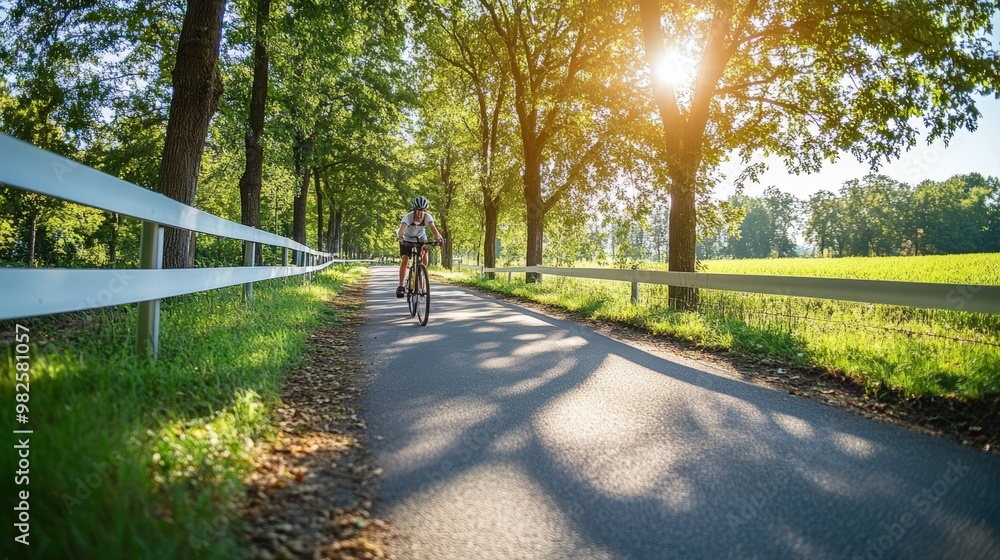 Sunny Country Road Lined with Green Trees and Fences on a Summer Day, with cyclist
