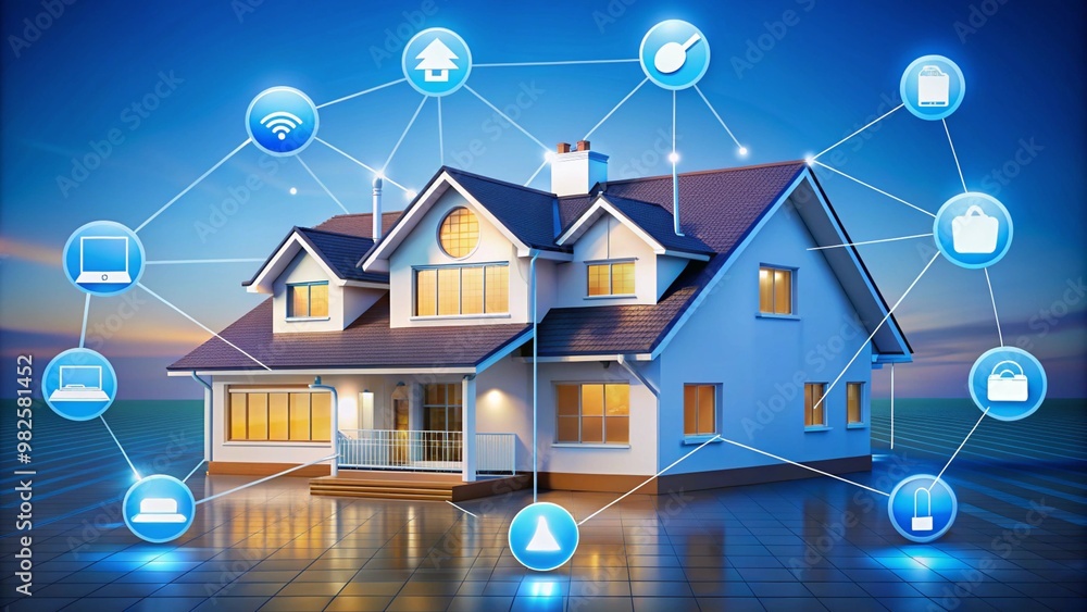 A smart home with connected devices. The image shows various smart technologies like Wi-Fi, smart lighting, security, and device management, all integrated into one house. A smart home with connected devices. The image shows various smart technologies like Wi-Fi, smart lighting, security, and device management, all integrated into one house.