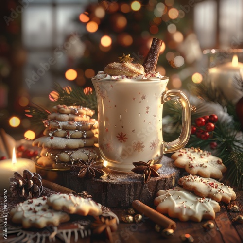 Festive holiday scene with hot cocoa topped with whipped cream and cookies in a cozy, warmly lit setting.