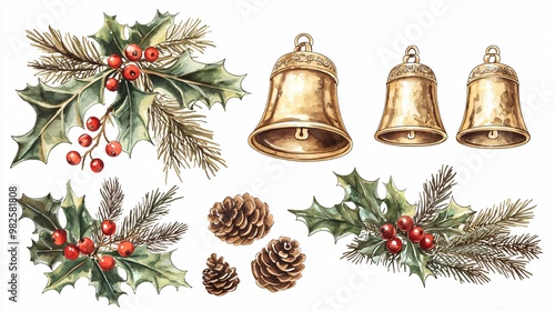 Festive bells with holly leaves and berries, transparent background. photo