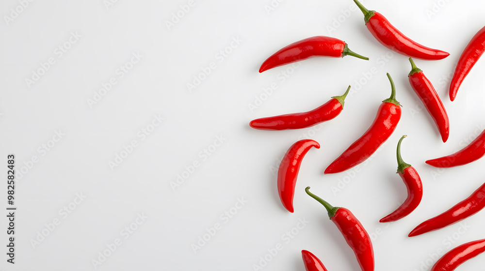 Red Hot Chili Peppers Floating in Air on Plain White Background | Bold Spice and Minimalist Display Red Hot Chili Peppers Floating in Air on Plain White Background | Bold Spice and Minimalist Display