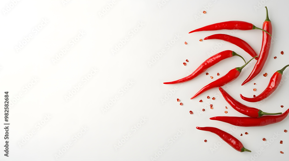 Red Hot Chili Peppers Floating in Air on Plain White Background | Bold Spice and Minimalist Display Red Hot Chili Peppers Floating in Air on Plain White Background | Bold Spice and Minimalist Display
