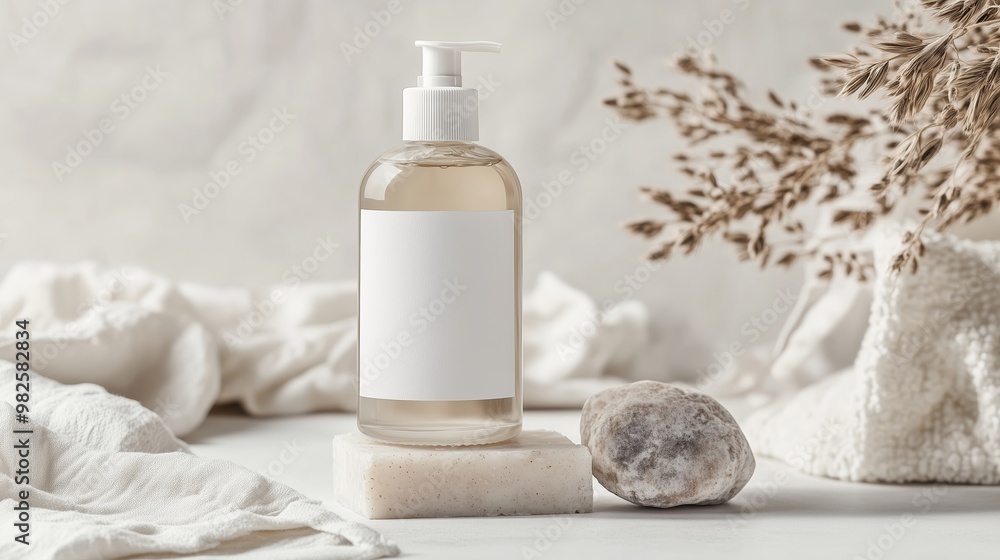 A clear bottle of liquid soap on a light stone pedestal surrounded by natural elements in a serene indoor setting A clear bottle of liquid soap on a light stone pedestal surrounded by natural elements in a serene indoor setting