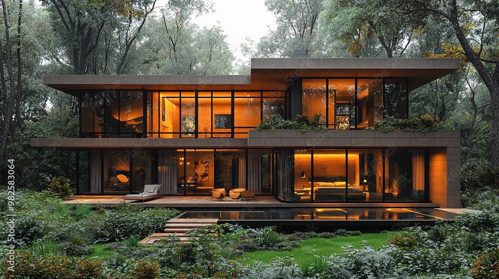 A sleek modern house nestled in a dense forest, with floor-to-ceiling windows reflecting the surrounding trees A sleek modern house nestled in a dense forest, with floor-to-ceiling windows reflecting the surrounding trees