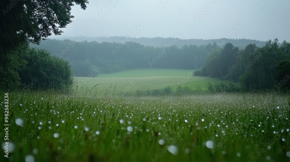 Fototapeta premium Rain-Soaked Meadow with a Distant Forest