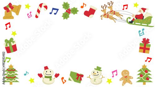白背景のクリスマスのフレーム(サンタとツリーと音符)