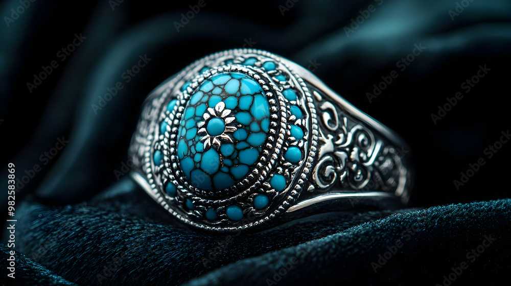 Fototapeta premium Elegant silver ring featuring a vibrant turquoise gemstone, showcasing intricate details and a classic design.