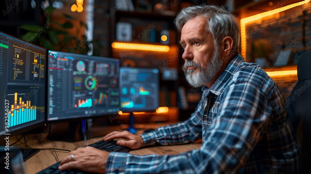 A person uses the technological interface of the future with screens and additional reality