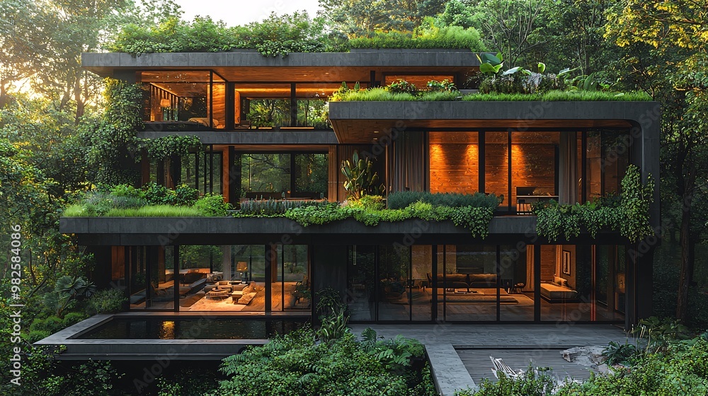 A luxurious modern house with a rooftop garden, situated in the middle of a sun-dappled forest A luxurious modern house with a rooftop garden, situated in the middle of a sun-dappled forest