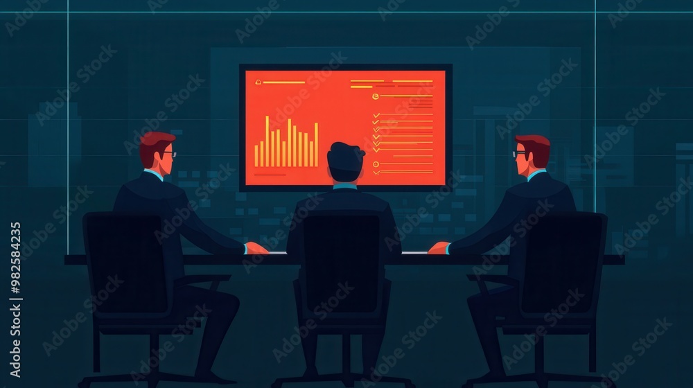 Three men are sitting at a table in front of a computer monitor Three men are sitting at a table in front of a computer monitor