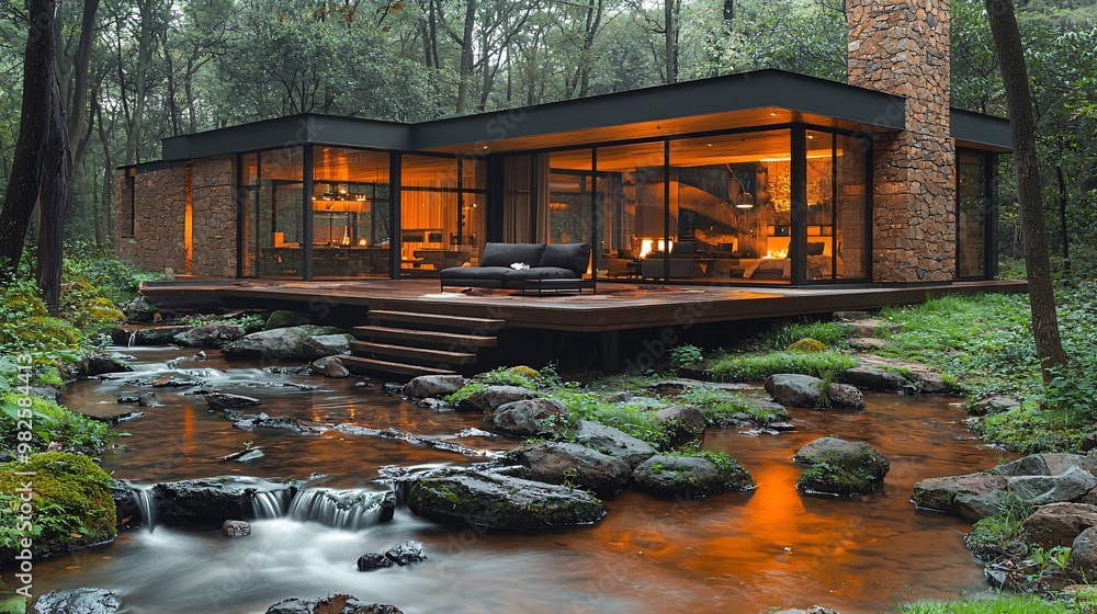 A modern home in the forest with an outdoor deck, overlooking a stream running through the forest floor A modern home in the forest with an outdoor deck, overlooking a stream running through the forest floor