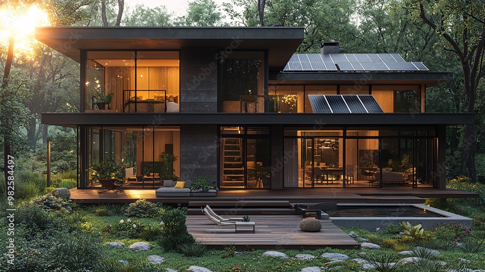 A modern house with solar panels, located in the middle of a forest clearing with sunlight pouring in from above A modern house with solar panels, located in the middle of a forest clearing with sunlight pouring in from above